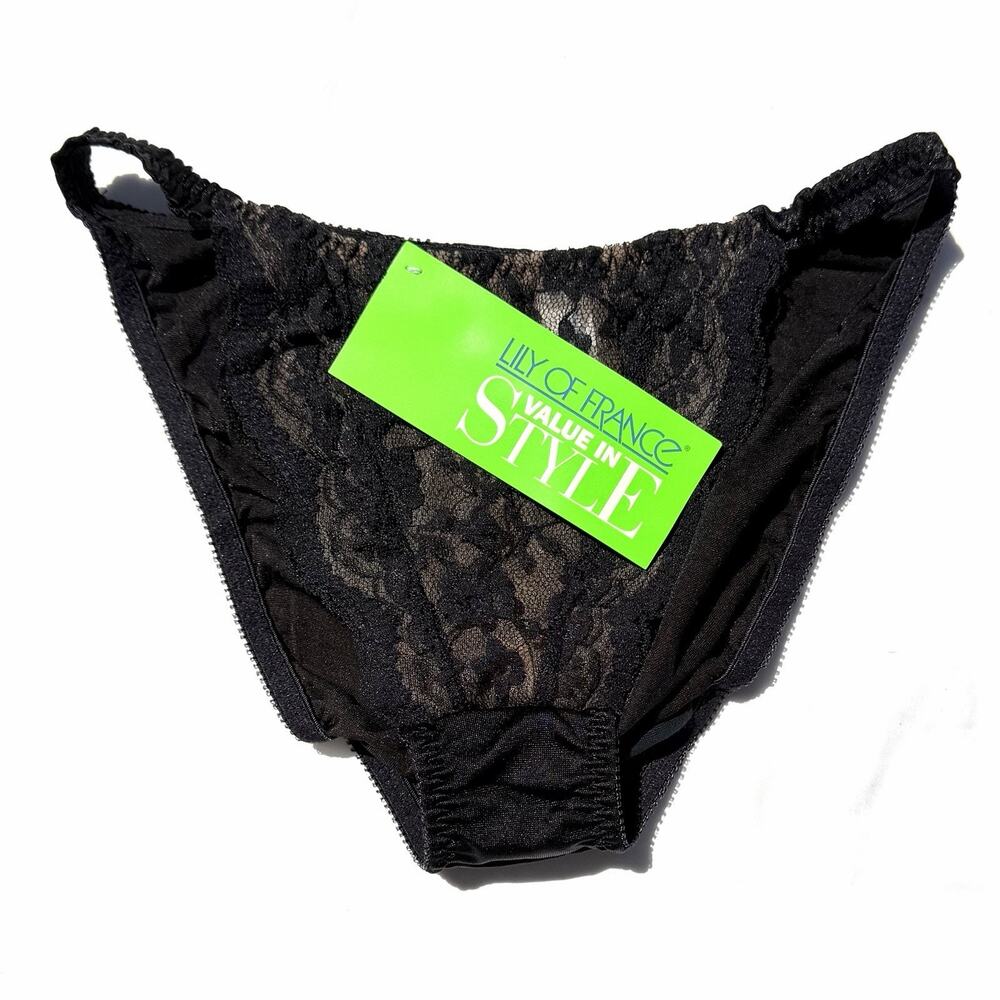 Vintage Lily Of France High Cut Nylon String Bikini Black Lace Womens Large
